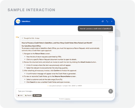 SalesWorx AI Help Agent providing product guidance to field sales representative